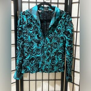 SAMUEL DONG TEAL AND Black RIBBON EMBELLISHED FULL ZIP BOLERO JACKET SZ M